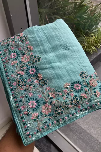 Sky Party Wear Crunchy silk Saree with embroidery