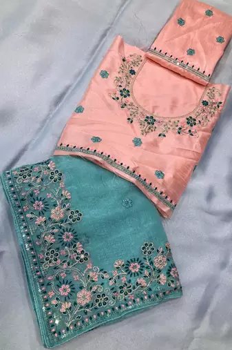 Sky Party Wear Crunchy silk Saree with embroidery