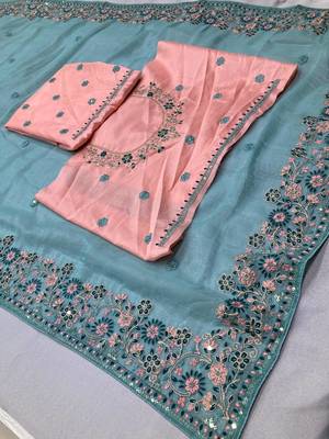 Sky Party Wear Crunchy silk Saree with embroidery 5