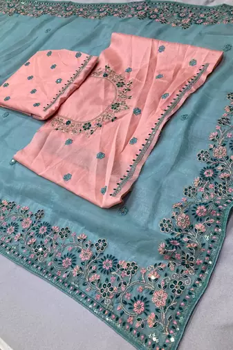 Sky Party Wear Crunchy silk Saree with embroidery