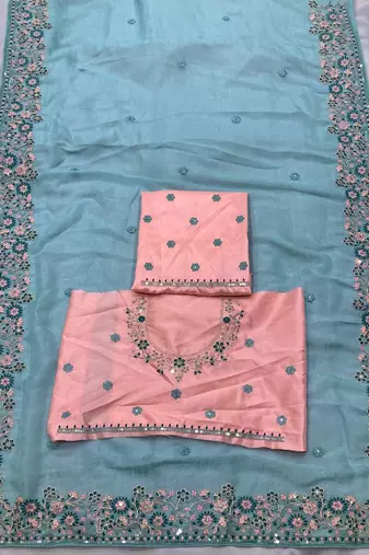 Sky Party Wear Crunchy silk Saree with embroidery