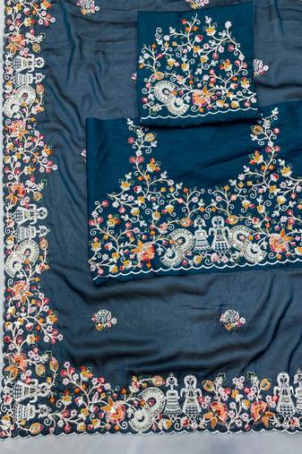 Teal blue Party Wear Soft Rangoli Art Silk Saree