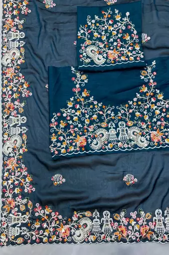 Teal blue Party Wear Soft Rangoli Art Silk Saree
