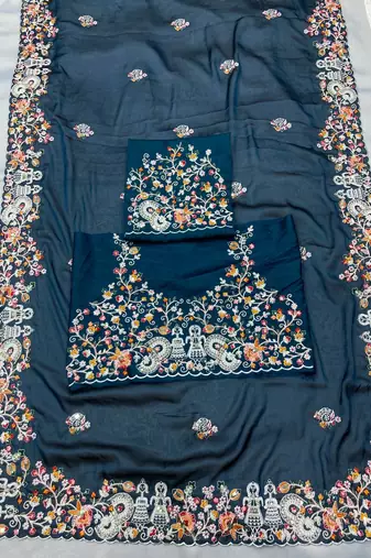 Teal blue Party Wear Soft Rangoli Art Silk Saree