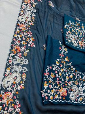 Teal blue Party Wear Soft Rangoli Art Silk Saree 4