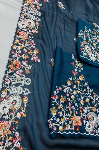 Teal blue Party Wear Soft Rangoli Art Silk Saree