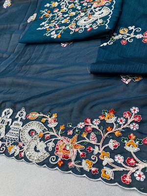 Teal blue Party Wear Soft Rangoli Art Silk Saree 5