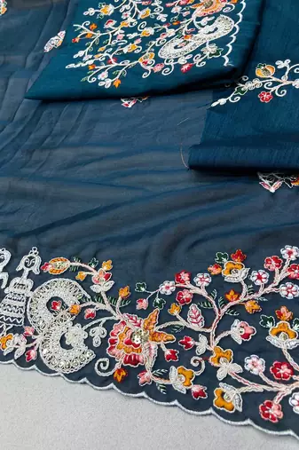 Teal blue Party Wear Soft Rangoli Art Silk Saree