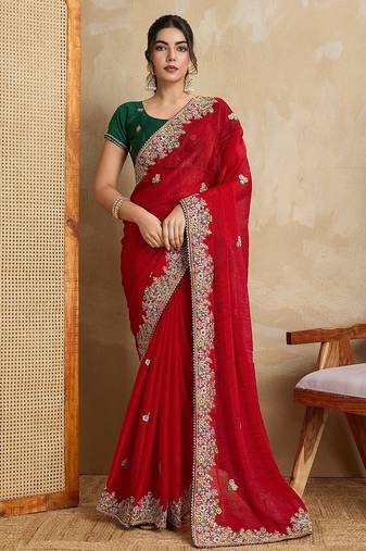 Red Party Wear Soft  Fendy tissue Saree