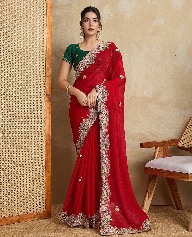 Red Party Wear Soft  Fendy tissue Saree