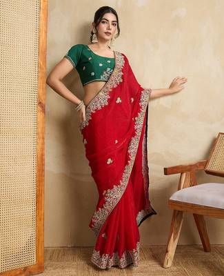 Red Party Wear Soft Fendy tissue Saree 3