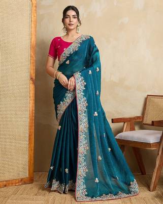 Teal blue Party Wear Soft Fendy Tissue Saree 1