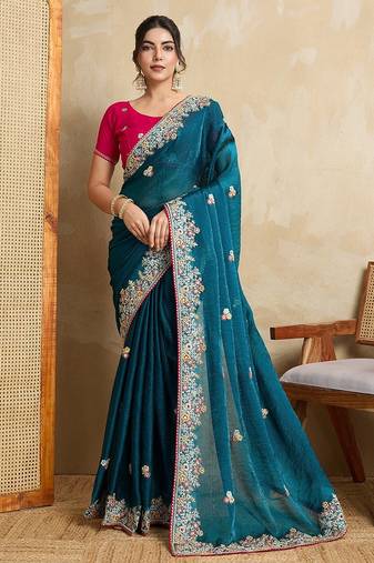 Teal blue Party Wear Soft Fendy Tissue Saree