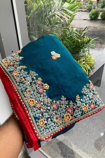 Teal blue Party Wear Soft Fendy Tissue Saree