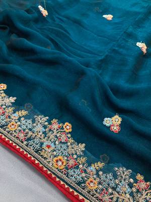 Teal blue Party Wear Soft Fendy Tissue Saree 4