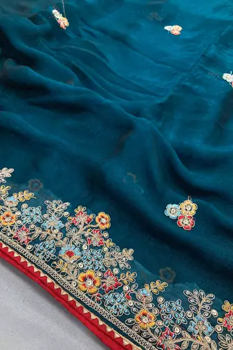 Teal blue Party Wear Soft Fendy Tissue Saree