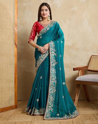 Teal Blue Party Wear Soft Fendy Tissue Saree 1