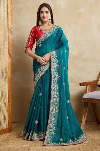 Teal Blue Party Wear Soft Fendy Tissue Saree