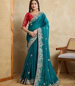 Teal Blue Party Wear Soft Fendy Tissue Saree