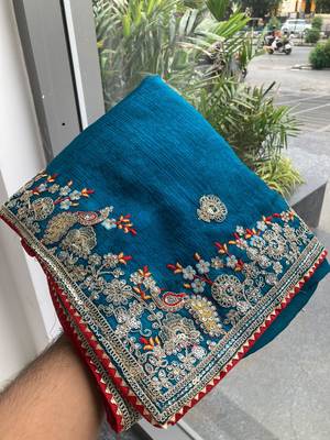 Teal Blue Party Wear Soft Fendy Tissue Saree 5