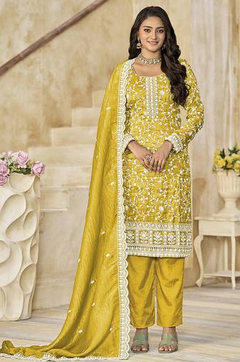 Organza gold crush sequins mustard designer salwar kameez