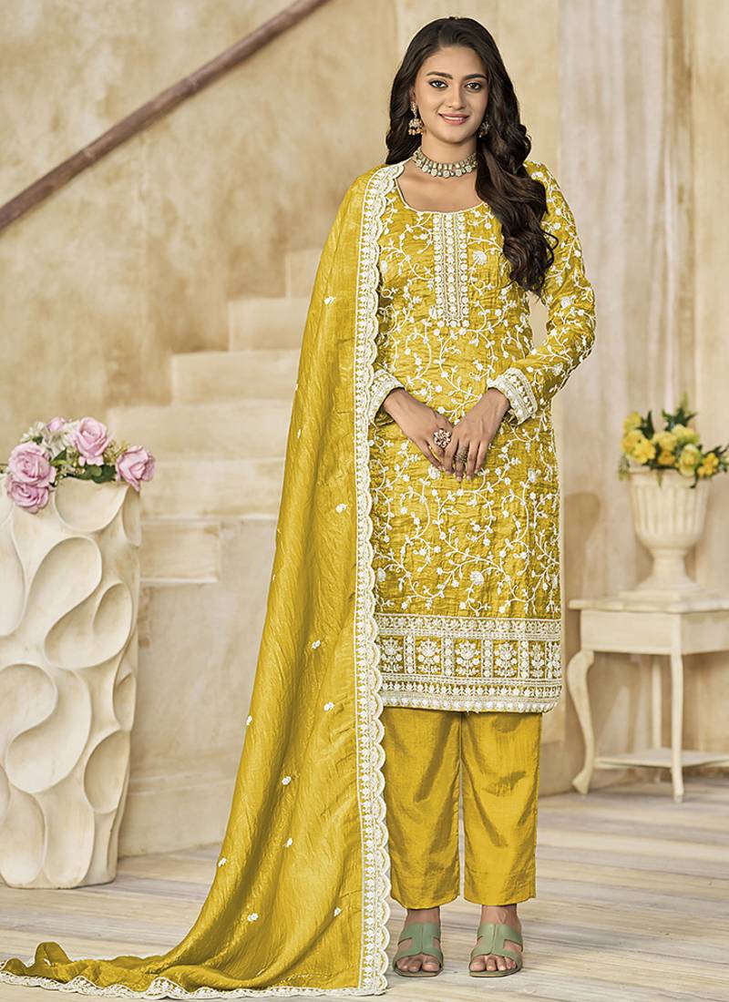 Organza gold crush sequins mustard designer salwar kameez