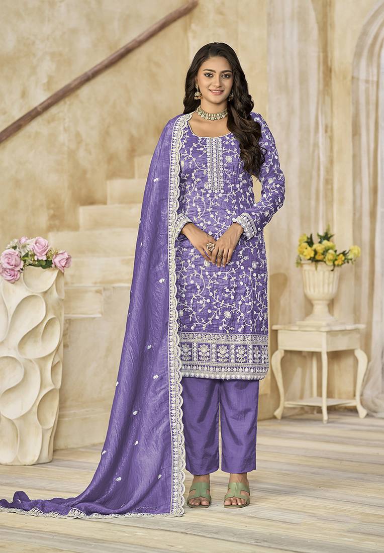 Organza gold crush sequins lavender purple designer salwar kameez