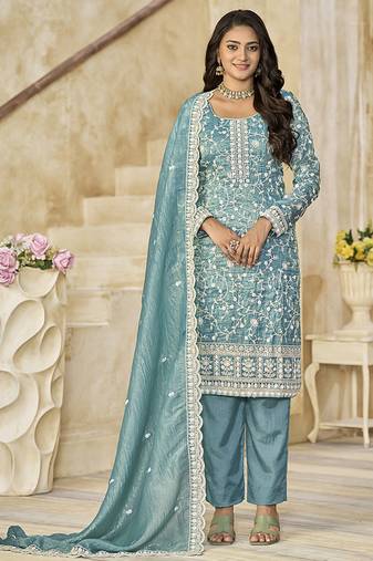 Organza gold crush sequins firozi designer salwar kameez