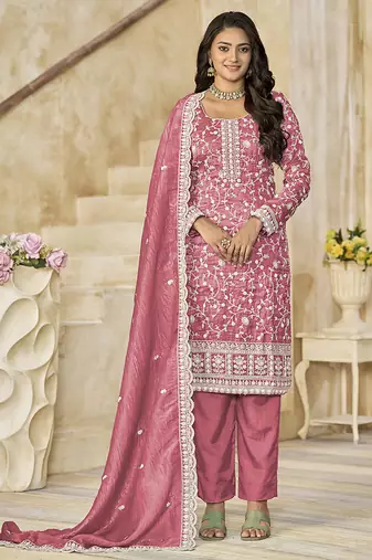Organza gold crush sequins rose pink designer salwar kameez