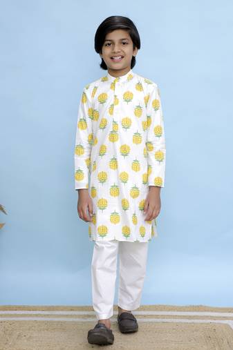 White printed cotton kurta pyjama