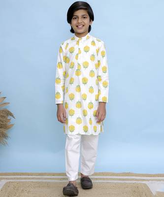 White printed cotton kurta pyjama 1