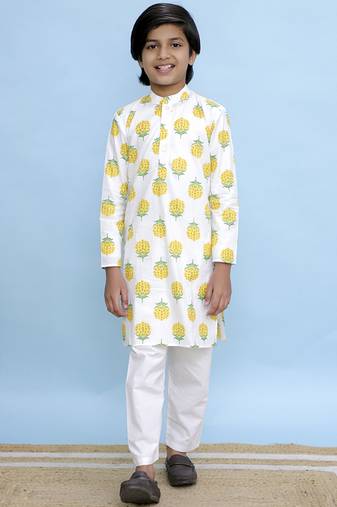 White printed cotton kurta pyjama