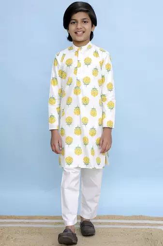 White printed cotton kurta pyjama