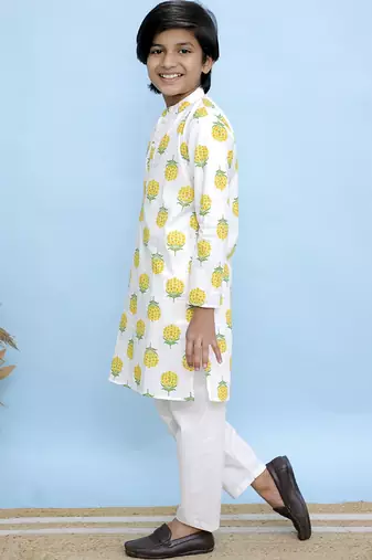 White printed cotton kurta pyjama