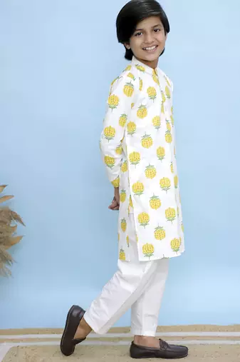 White printed cotton kurta pyjama