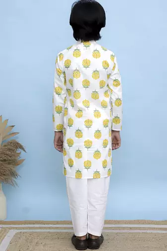 White printed cotton kurta pyjama