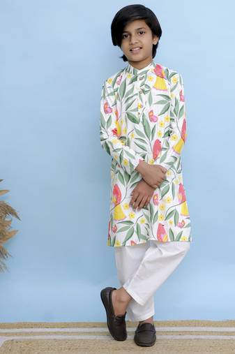 White printed cotton kurta pyjama