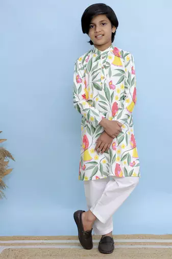 White printed cotton kurta pyjama