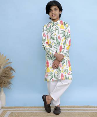 White printed cotton kurta pyjama 1