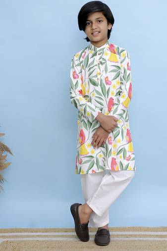 White printed cotton kurta pyjama