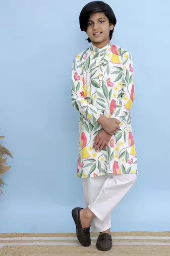 White printed cotton kurta pyjama