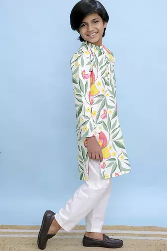 White printed cotton kurta pyjama