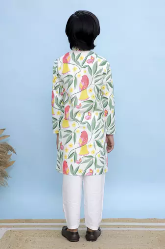 White printed cotton kurta pyjama