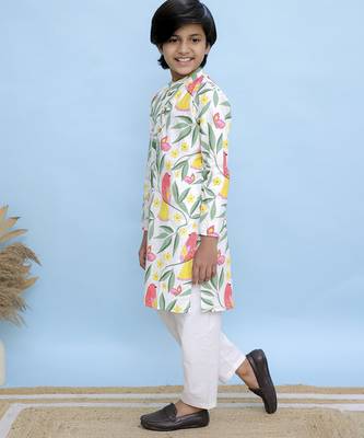 White printed cotton kurta pyjama 5