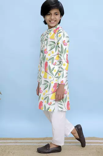 White printed cotton kurta pyjama