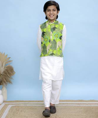 White printed cotton nehru jacket set 1