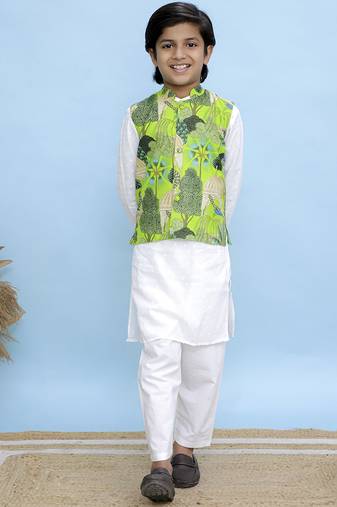 White printed cotton nehru jacket set