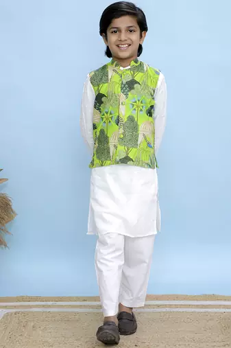 White printed cotton nehru jacket set
