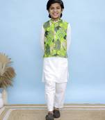 White printed cotton nehru jacket set