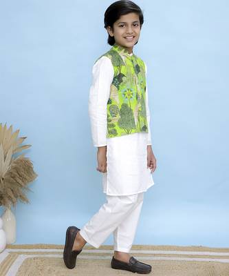 White printed cotton nehru jacket set 2